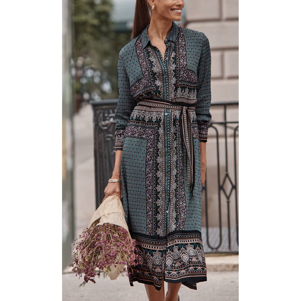 J Jill Wearever Foulard Print Shirtdress Size Small Button Front Pockets Lng Slv